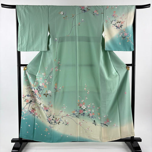 訪問服 身長159cm 袖長66cm M 雙層 落款あり 枝花 草花紋紋 染分 ぼかし 薄綠 純蠶絲 秀品級