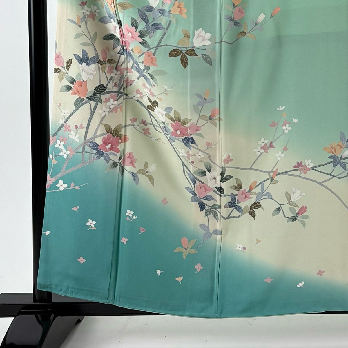 訪問服 身長159cm 袖長66cm M 雙層 落款あり 枝花 草花紋紋 染分 ぼかし 薄綠 純蠶絲 秀品級