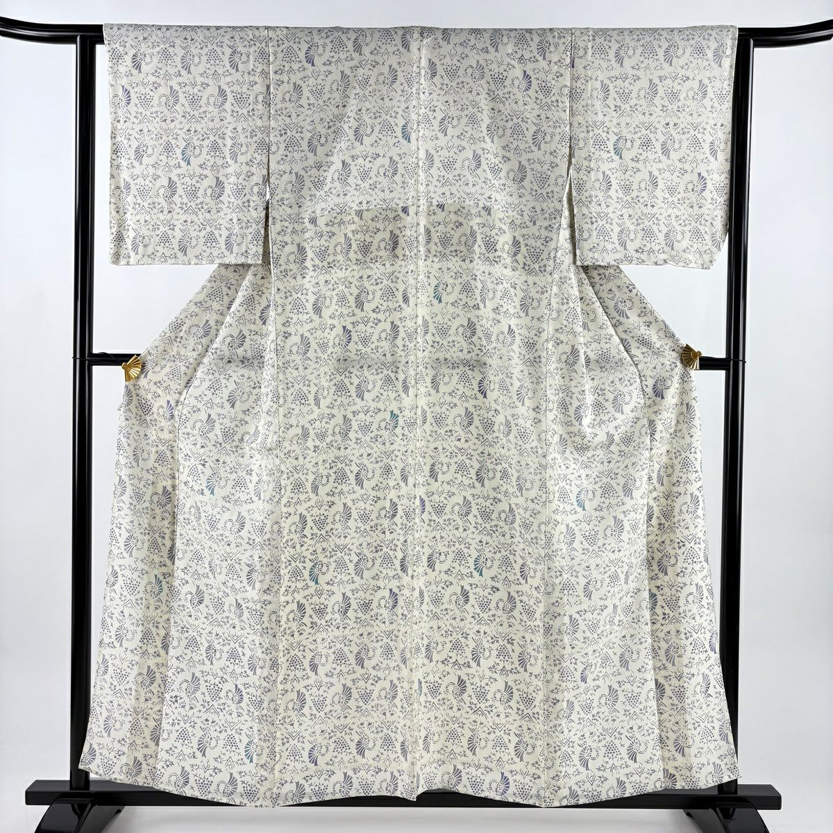 【美品】 小紋 身長158.5cm 袖長63.5cm S 薄物 葉與果 實用幾何 灰白 純蠶絲 秀品級