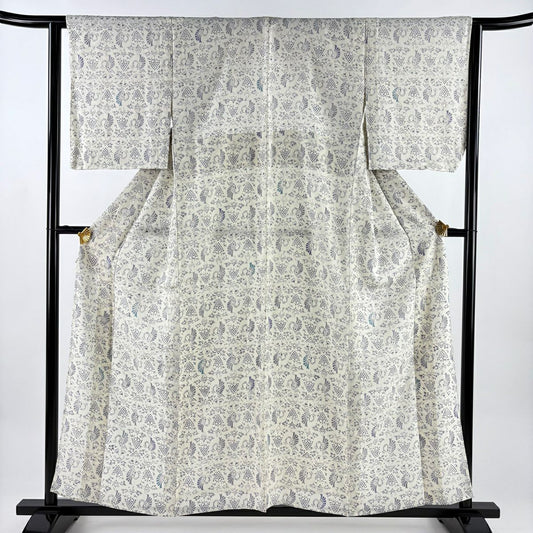 【美品】 小紋 身長158.5cm 袖長63.5cm S 薄物 葉與果 實用幾何 灰白 純蠶絲 秀品級