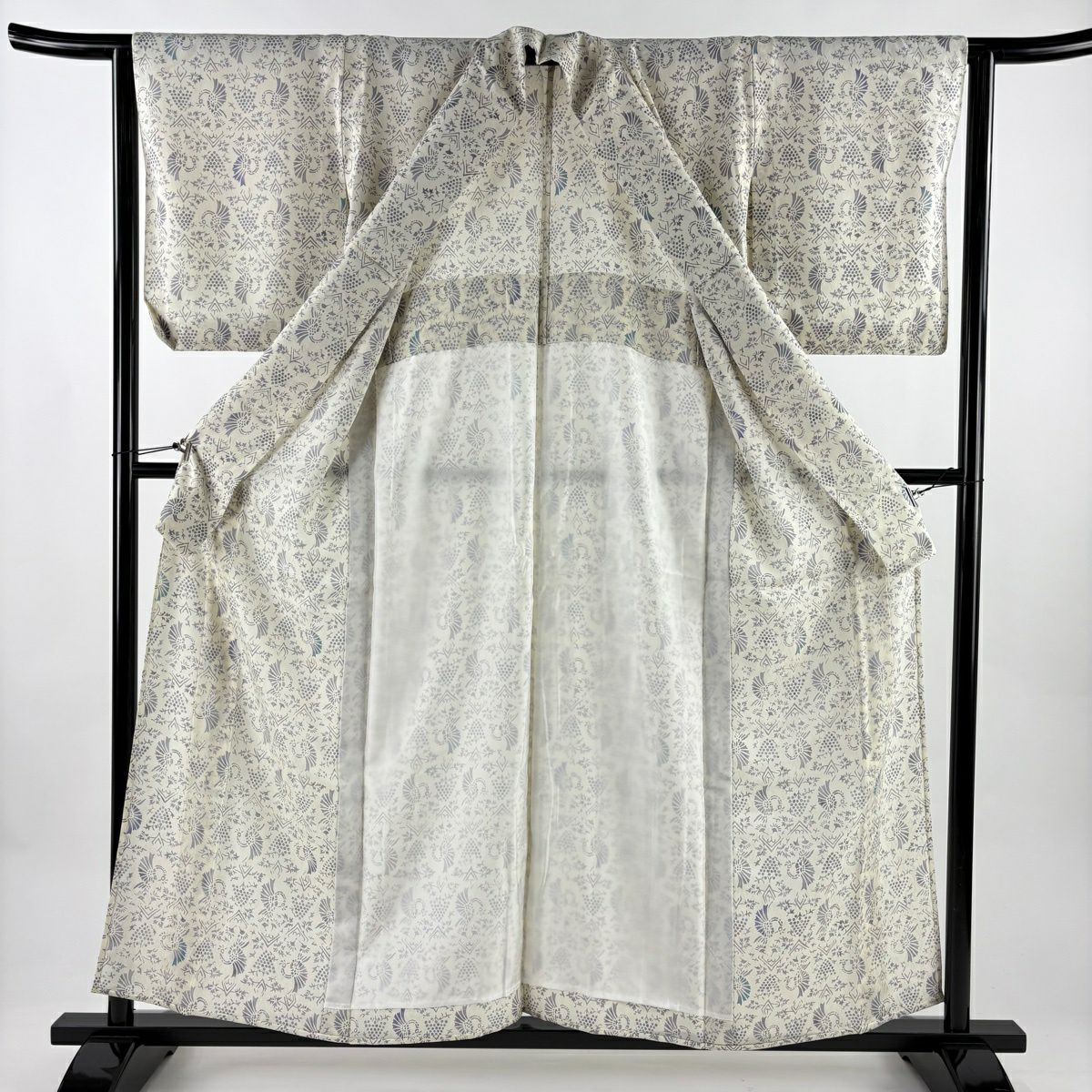 【美品】 小紋 身長158.5cm 袖長63.5cm S 薄物 葉與果 實用幾何 灰白 純蠶絲 秀品級