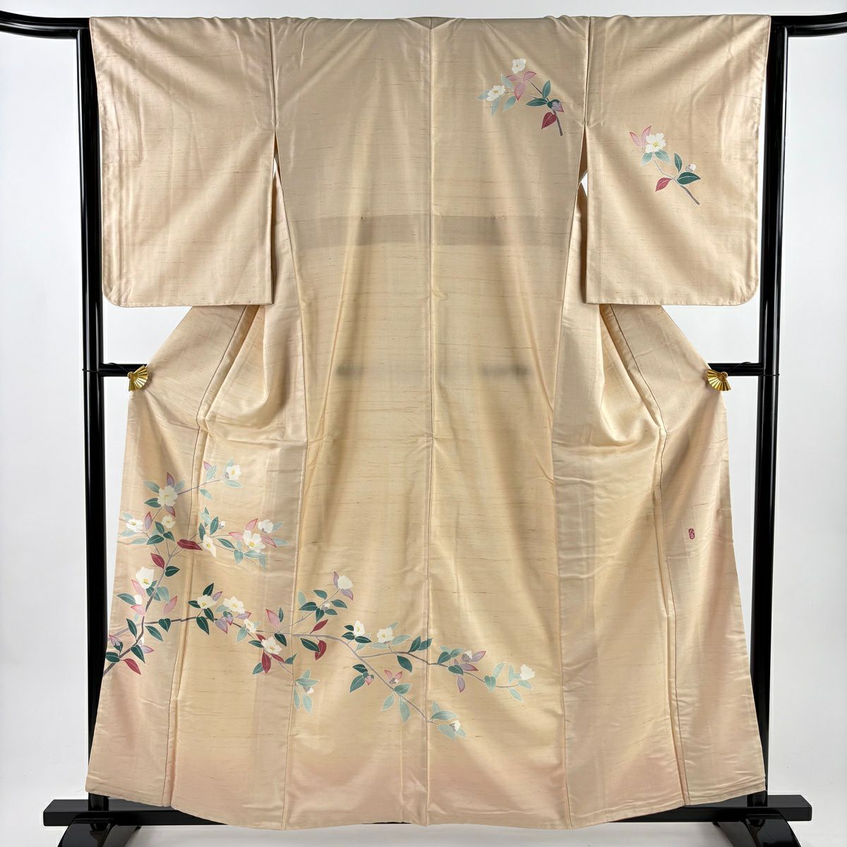 【美品】 付下 身長159.5cm 袖長63.5cm S 雙層 紬織織 落款あり 椿 薄橙 純蠶絲 秀品級