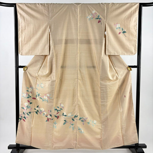 【美品】 付下 身長159.5cm 袖長63.5cm S 雙層 紬織織 落款あり 椿 薄橙 純蠶絲 秀品級