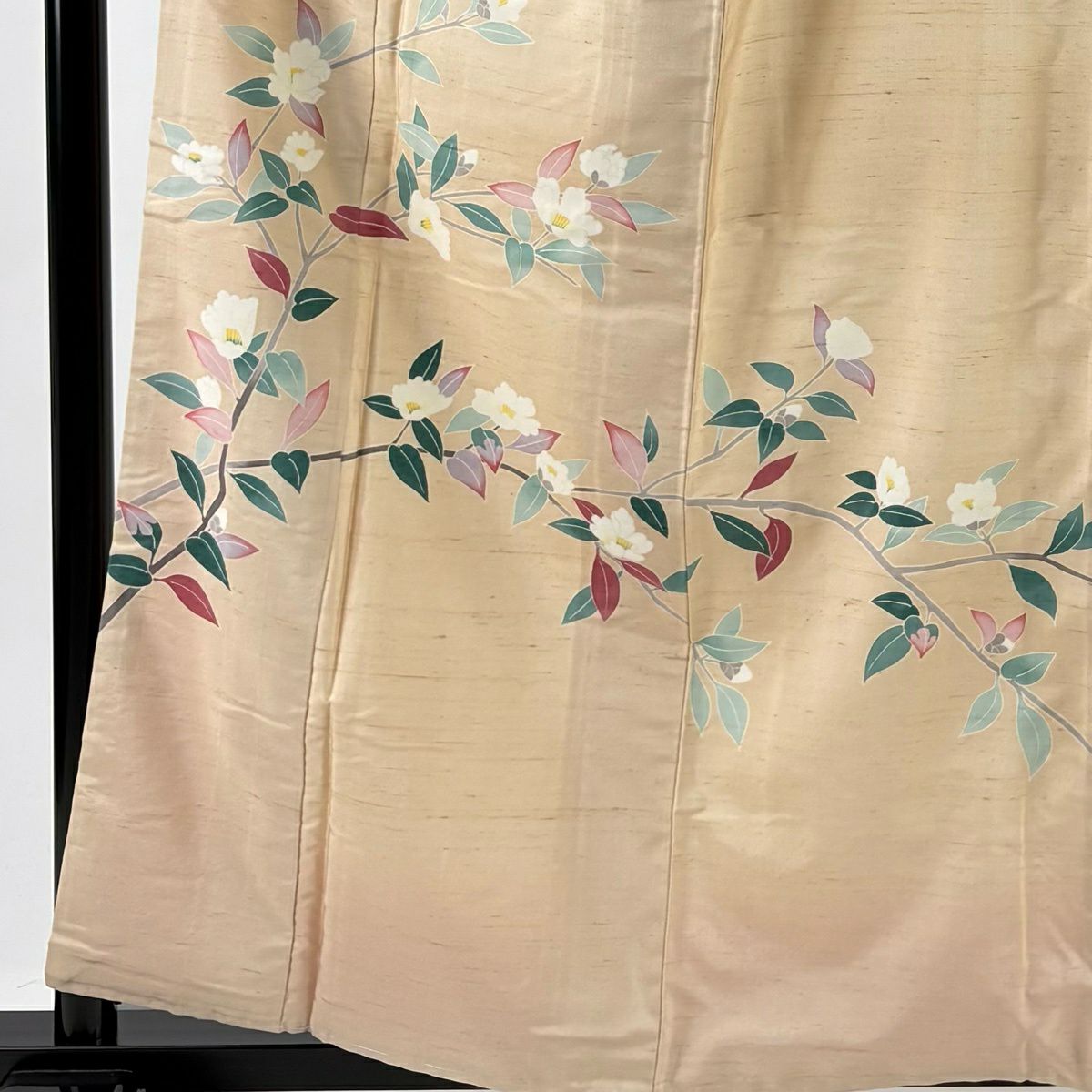 【美品】 付下 身長159.5cm 袖長63.5cm S 雙層 紬織織 落款あり 椿 薄橙 純蠶絲 秀品級