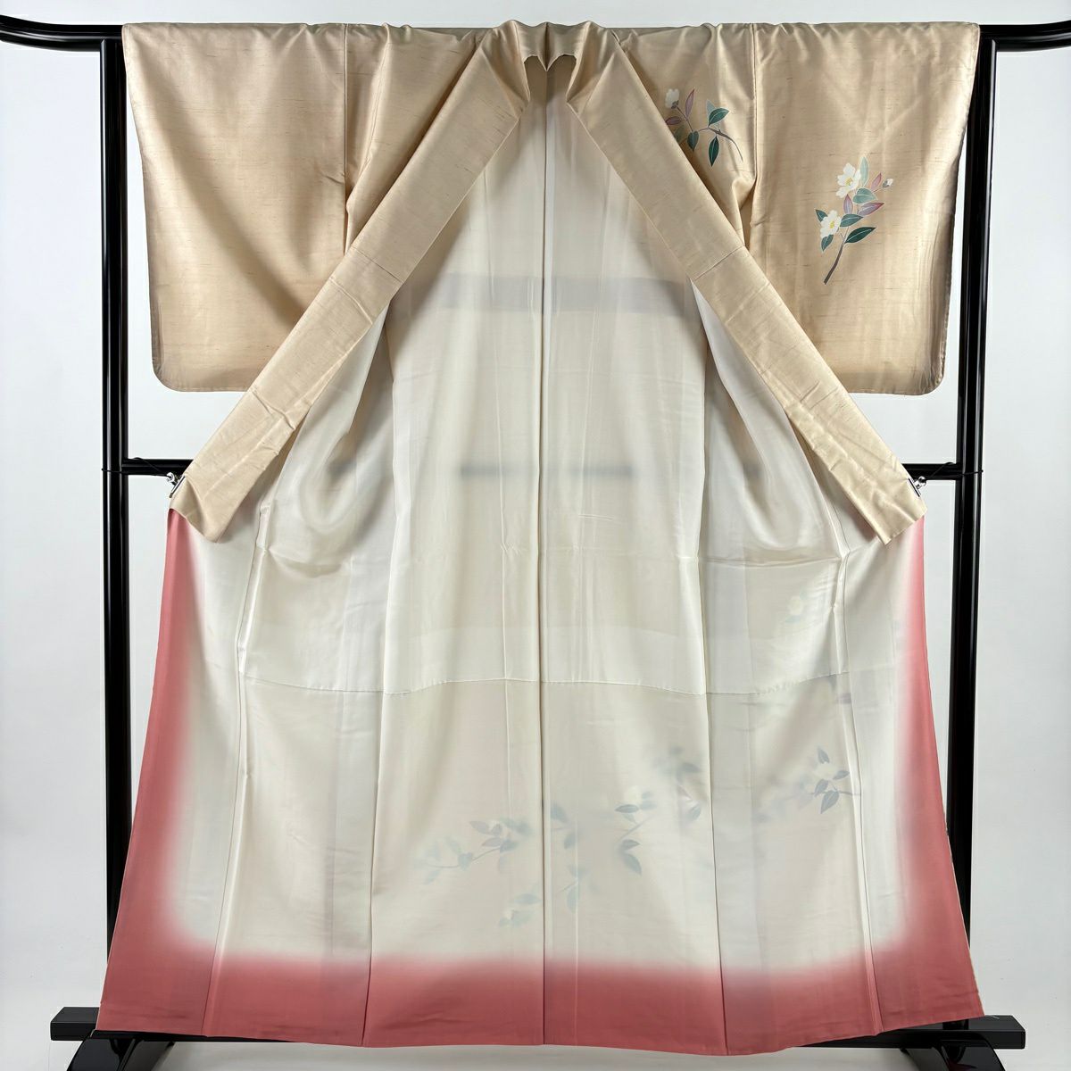 【美品】 付下 身長159.5cm 袖長63.5cm S 雙層 紬織織 落款あり 椿 薄橙 純蠶絲 秀品級