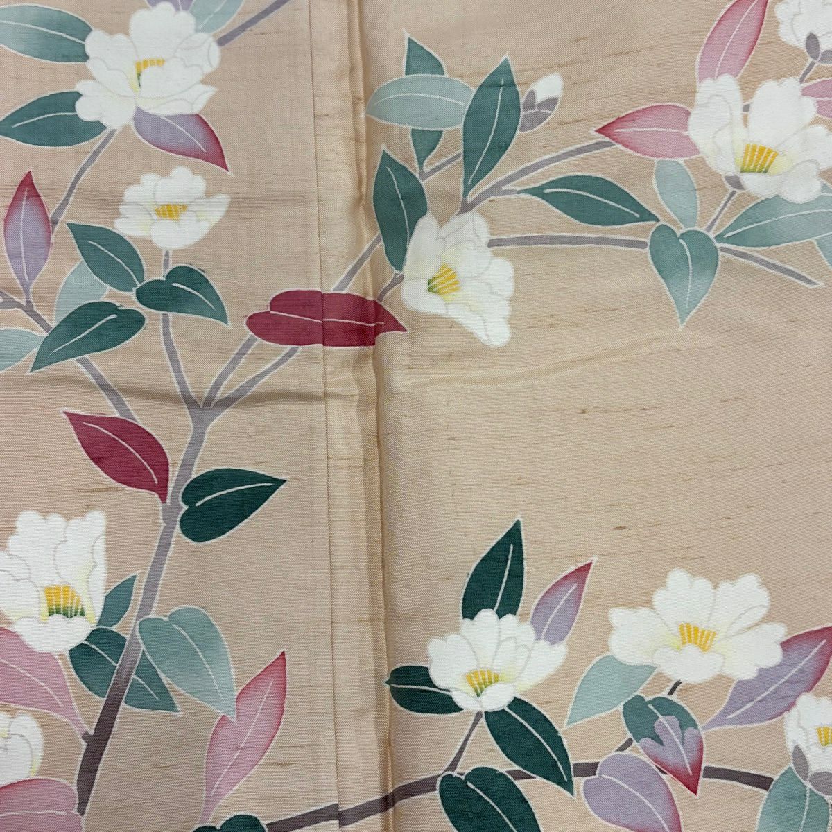 【美品】 付下 身長159.5cm 袖長63.5cm S 雙層 紬織織 落款あり 椿 薄橙 純蠶絲 秀品級