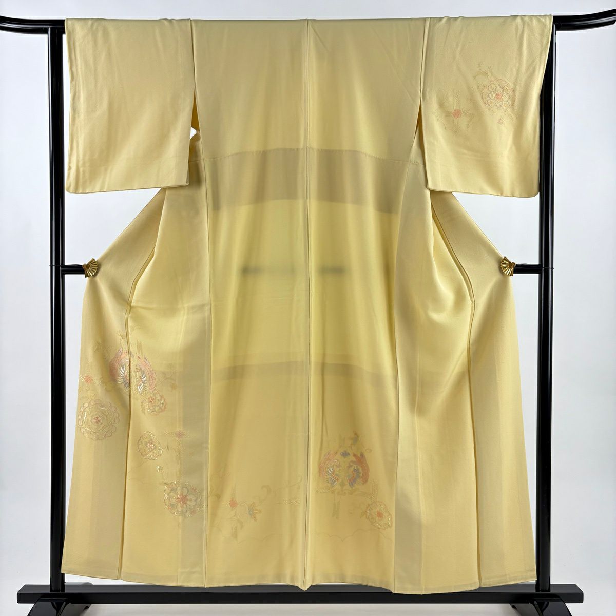 【美品】 付下 身長155.5cm 袖長64cm M 雙層 向鳥 華紋 刺繡 黃色 純蠶絲 秀品級