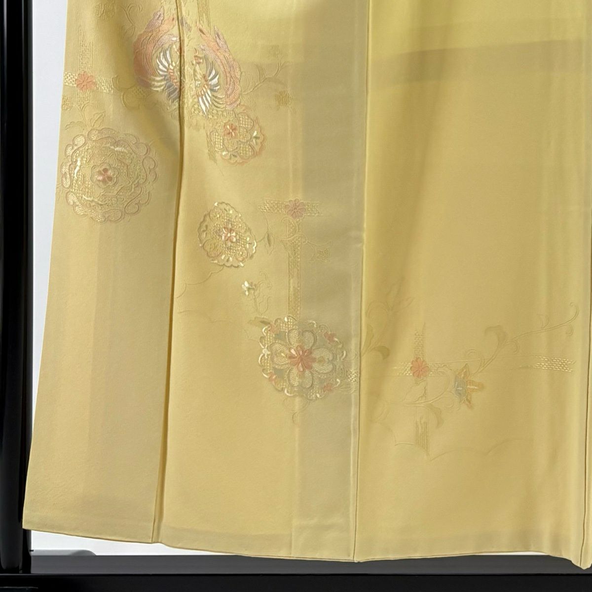 【美品】 付下 身長155.5cm 袖長64cm M 雙層 向鳥 華紋 刺繡 黃色 純蠶絲 秀品級
