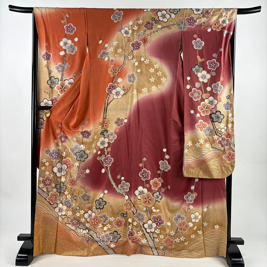 振袖禮服 身長168.5cm 袖長66cm M 雙層 梅花 波 金銀彩 漸層 薄茶 純蠶絲 秀品級