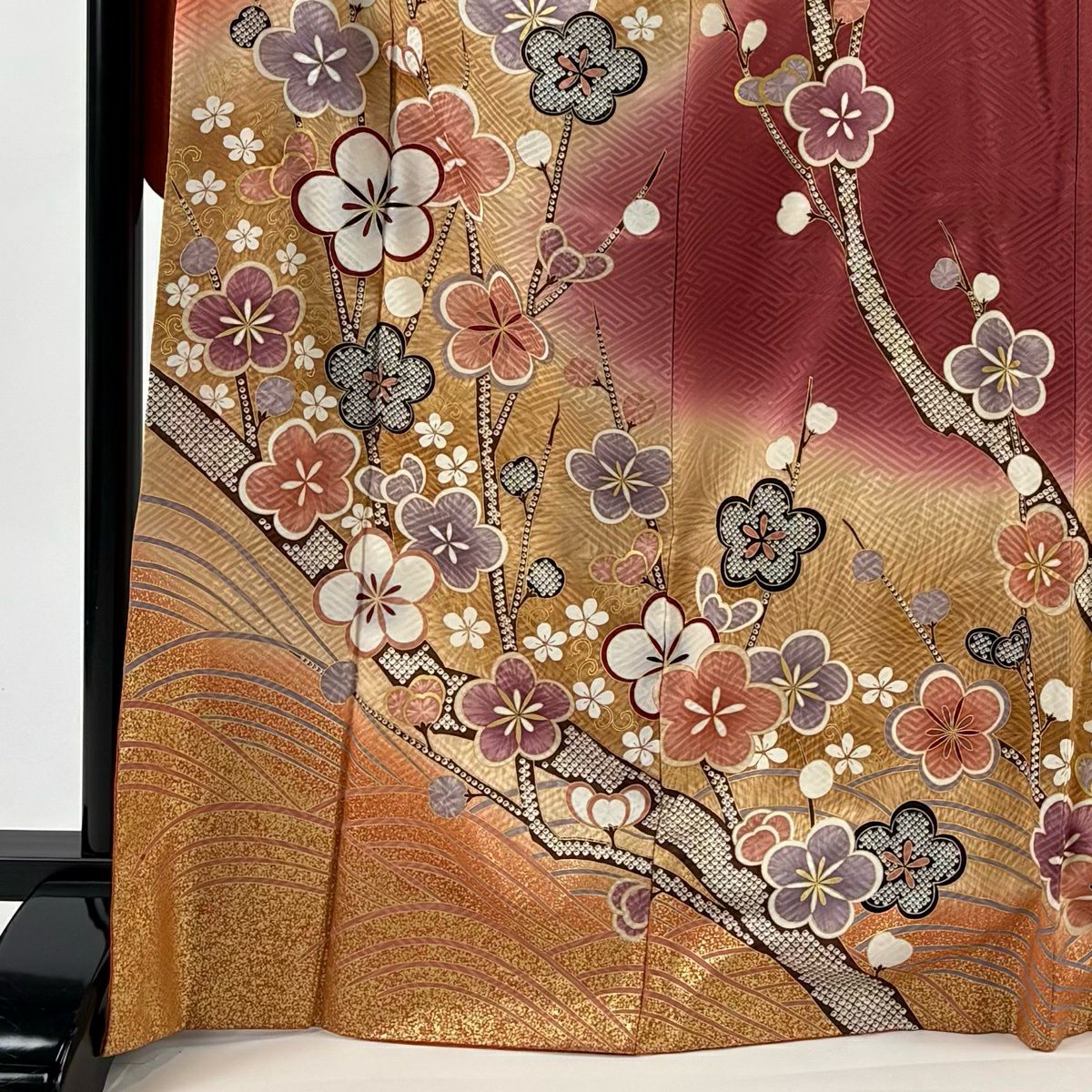 振袖禮服 身長168.5cm 袖長66cm M 雙層 梅花 波 金銀彩 漸層 薄茶 純蠶絲 秀品級