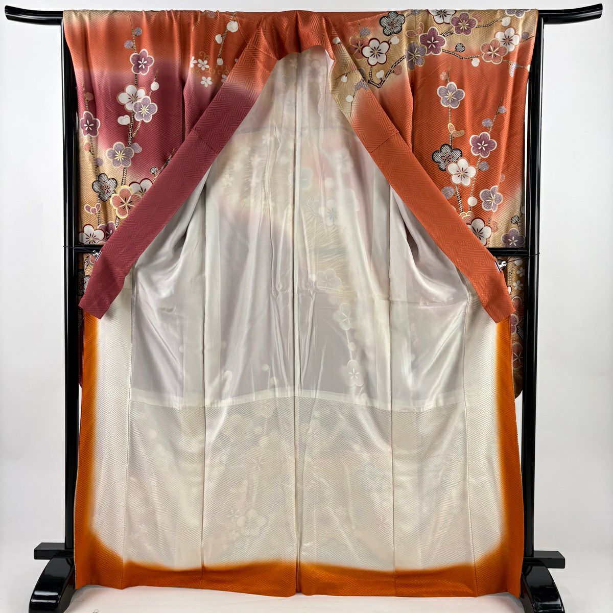 振袖禮服 身長168.5cm 袖長66cm M 雙層 梅花 波 金銀彩 漸層 薄茶 純蠶絲 秀品級
