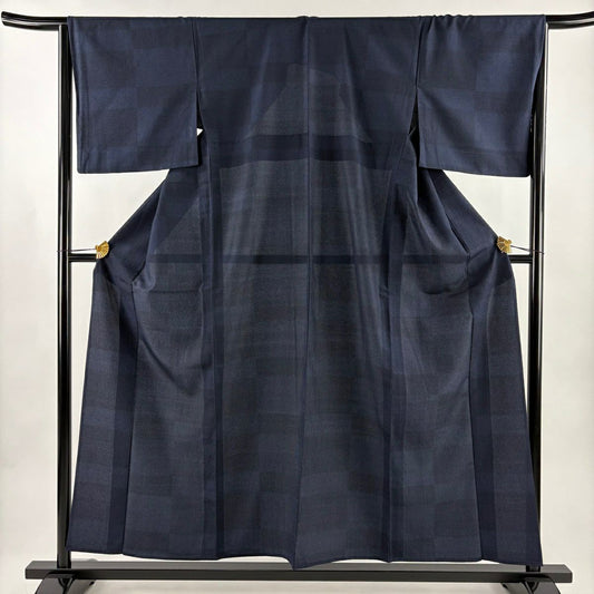 【美品】 紬織 身長155.5cm 袖長66cm M 單層 變化市松樹 幾何圖案 深藍 純蠶絲 優品級