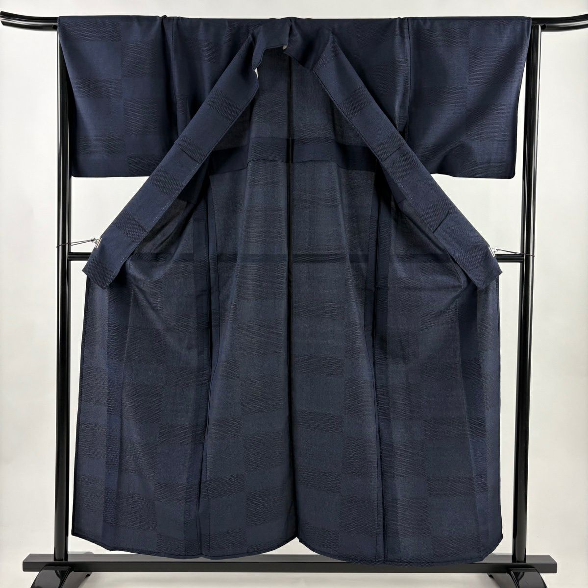 【美品】 紬織 身長155.5cm 袖長66cm M 單層 變化市松樹 幾何圖案 深藍 純蠶絲 優品級