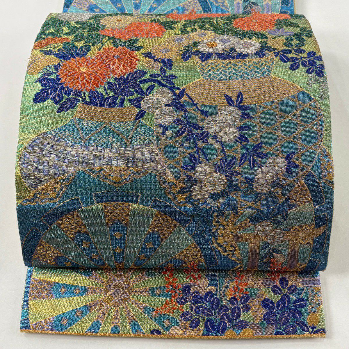 【美品】 袋帶 逸品級 佐波理 落款 綴 祭禮花車文集 源氏車 花籠 金絲 金金箔 青綠 六通 純蠶絲