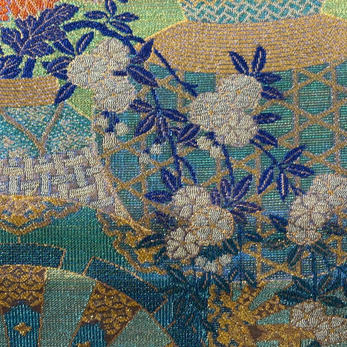 【美品】 袋帶 逸品級 佐波理 落款 綴 祭禮花車文集 源氏車 花籠 金絲 金金箔 青綠 六通 純蠶絲