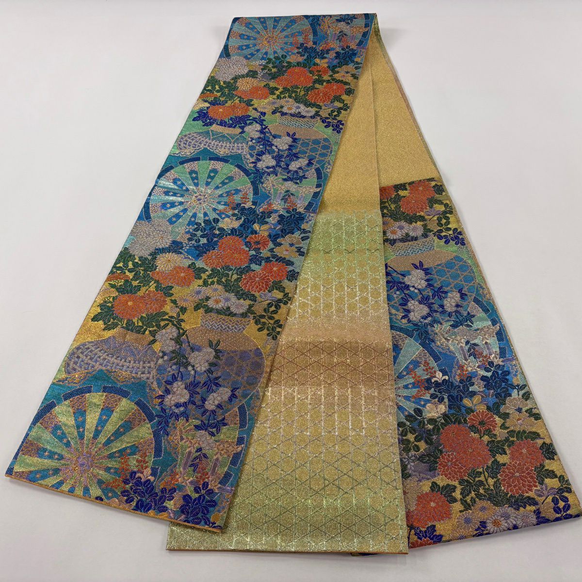 【美品】 袋帶 逸品級 佐波理 落款 綴 祭禮花車文集 源氏車 花籠 金絲 金金箔 青綠 六通 純蠶絲