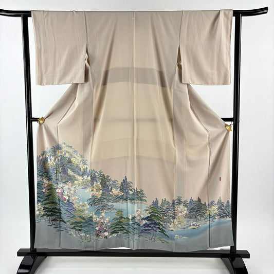 色留袖禮服 身長157cm 袖長62.5cm S 雙層 落款あり 樹木 松樹竹子梅花 漸層 薄小豆 純蠶絲 名品級 一つ紋