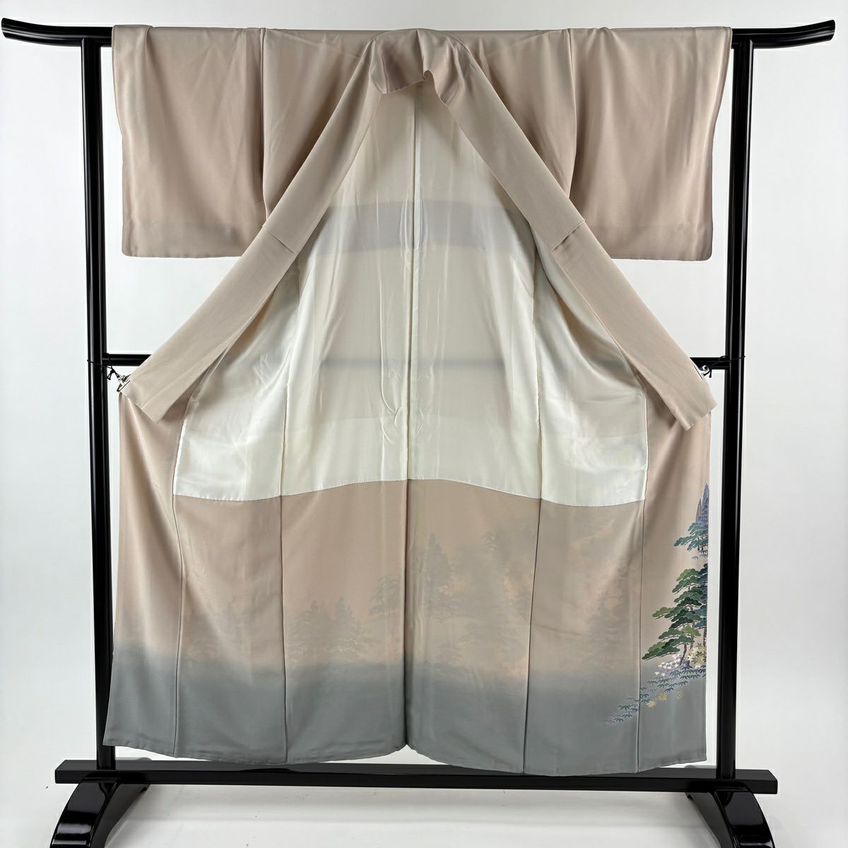 色留袖禮服 身長157cm 袖長62.5cm S 雙層 落款あり 樹木 松樹竹子梅花 漸層 薄小豆 純蠶絲 名品級 一つ紋