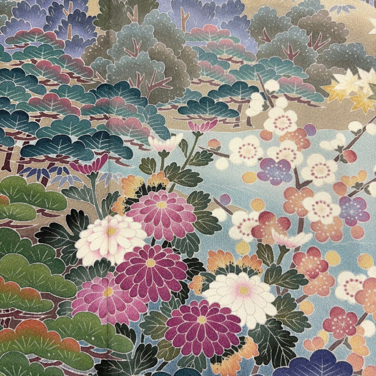 色留袖禮服 身長157cm 袖長62.5cm S 雙層 落款あり 樹木 松樹竹子梅花 漸層 薄小豆 純蠶絲 名品級 一つ紋