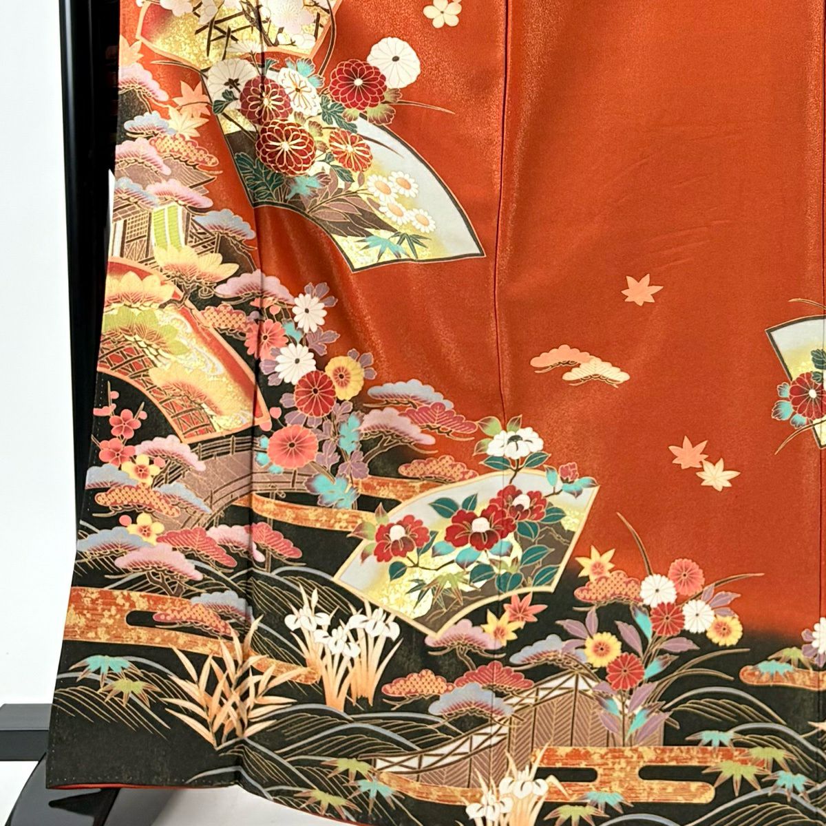振袖禮服 身長167cm 袖長66cm M 雙層 扇子面 松樹竹子梅花 金通し 金銀彩 紅茶 純蠶絲 名品級