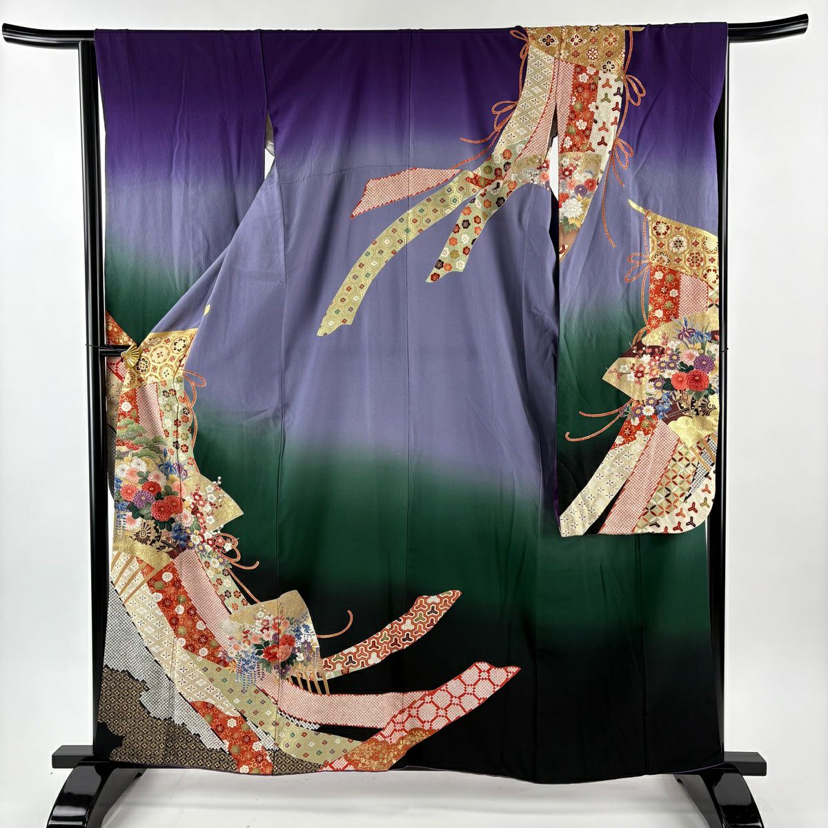 振袖禮服 身長160cm 袖長65cm M 雙層 幾帳 花車 金銀彩 漸層 紫 純蠶絲 名品級