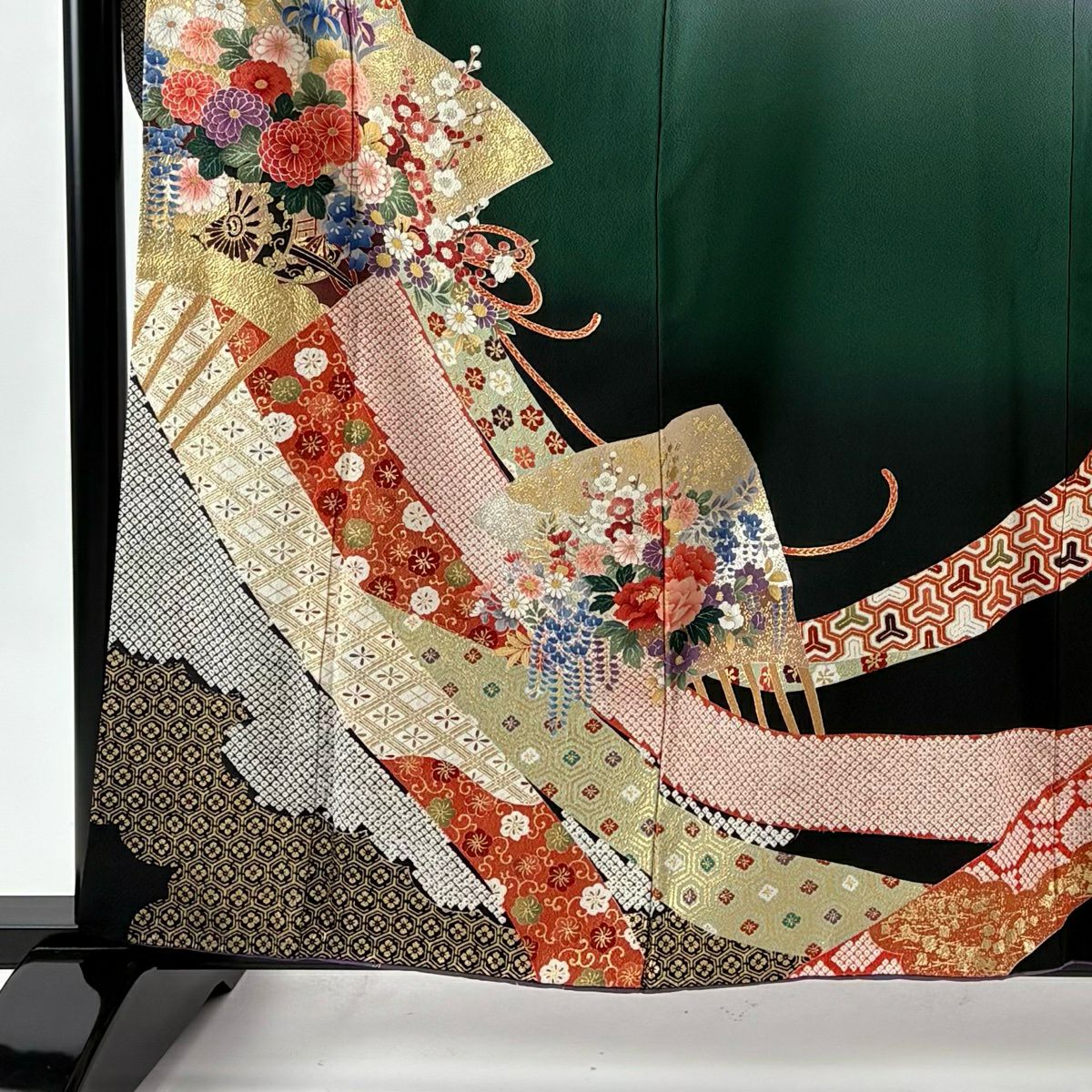 振袖禮服 身長160cm 袖長65cm M 雙層 幾帳 花車 金銀彩 漸層 紫 純蠶絲 名品級