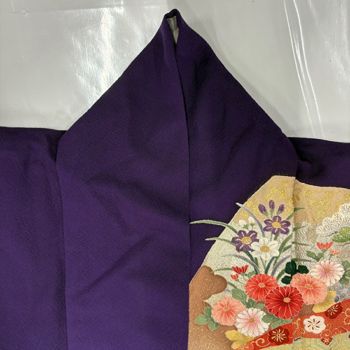 振袖禮服 身長160cm 袖長65cm M 雙層 幾帳 花車 金銀彩 漸層 紫 純蠶絲 名品級