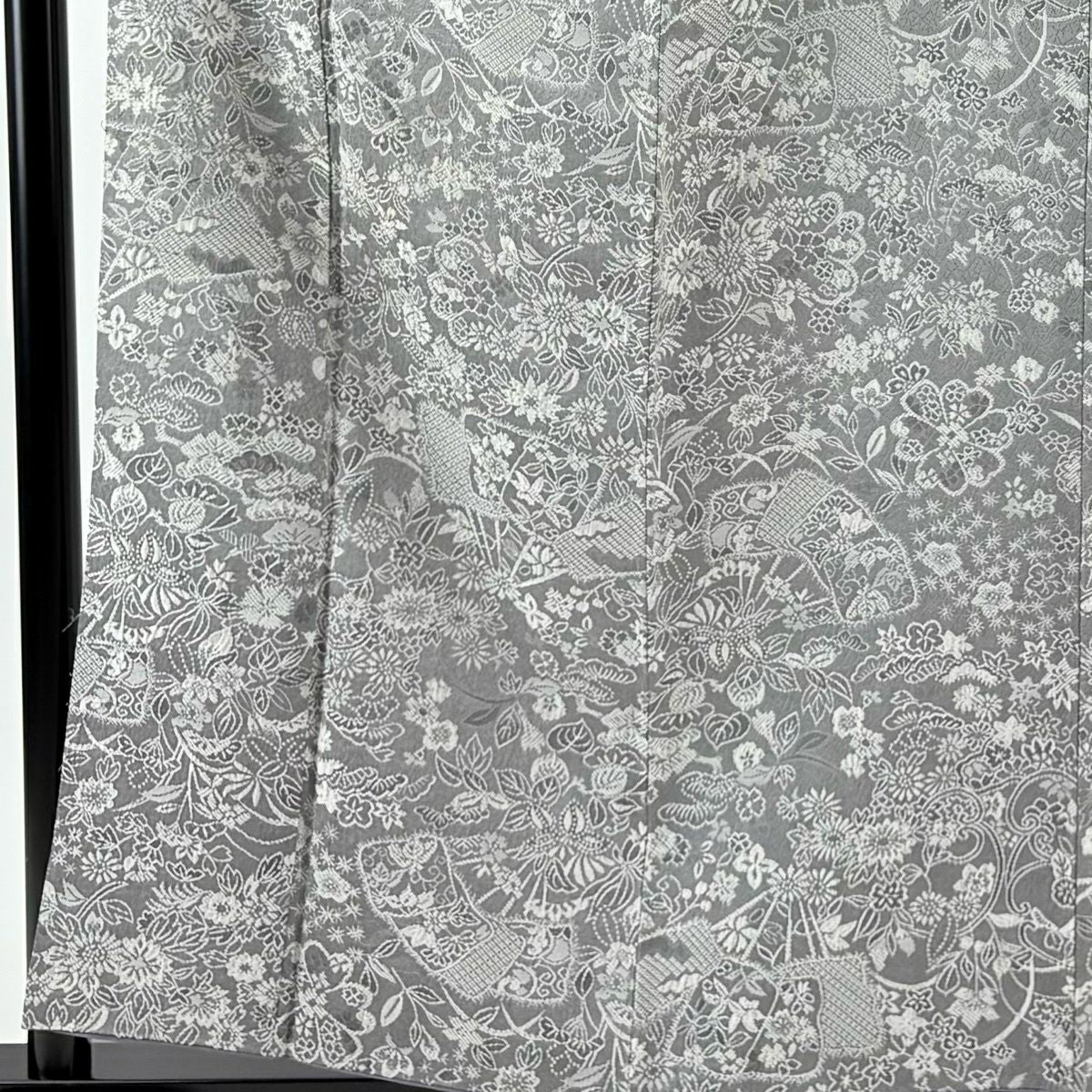 小紋 身長157.5cm 袖長64cm M 雙層 紋意匠 扇子 草花紋 灰 純蠶絲 名品級