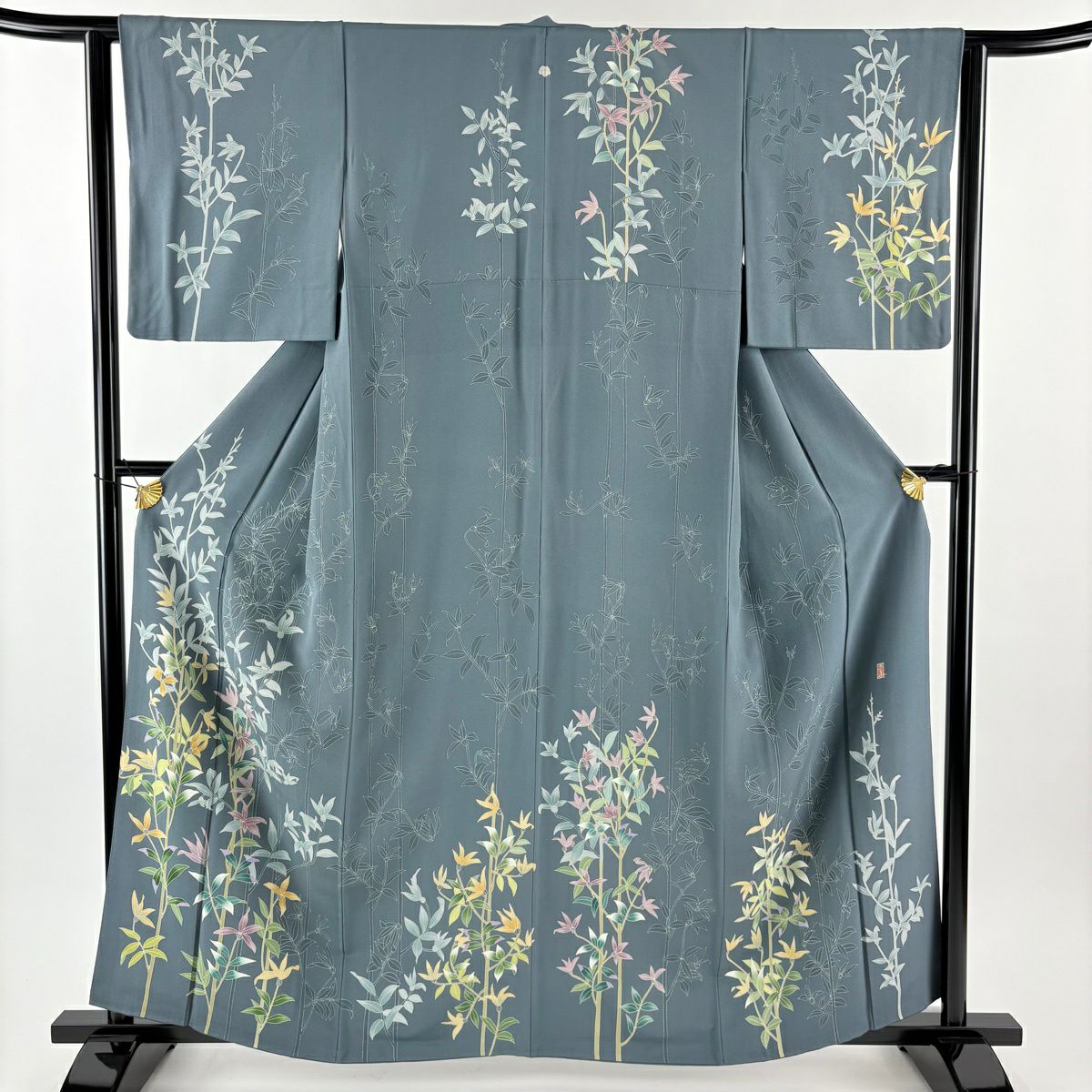 訪問服 身長161cm 袖長62cm S 雙層 落款あり 草花紋紋 灰綠 純蠶絲 名品級 一つ紋