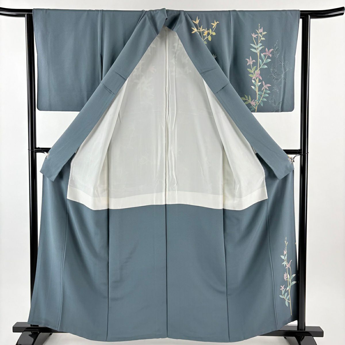 訪問服 身長161cm 袖長62cm S 雙層 落款あり 草花紋紋 灰綠 純蠶絲 名品級 一つ紋