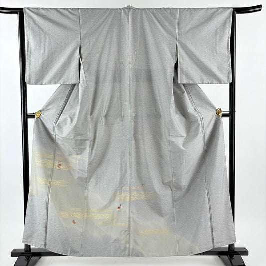 付下 身長159.5cm 袖長64.5cm M 雙層 大島紬織織 證書附帶 霞 草花紋刺繡 金銀彩 灰綠 純蠶絲 名品級