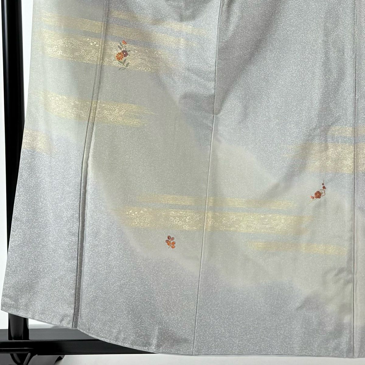 付下 身長159.5cm 袖長64.5cm M 雙層 大島紬織織 證書附帶 霞 草花紋刺繡 金銀彩 灰綠 純蠶絲 名品級