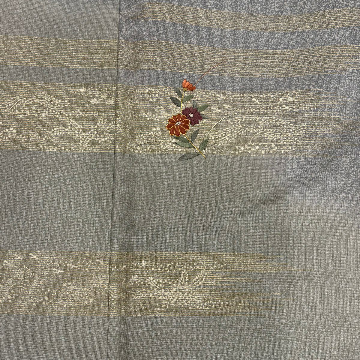 付下 身長159.5cm 袖長64.5cm M 雙層 大島紬織織 證書附帶 霞 草花紋刺繡 金銀彩 灰綠 純蠶絲 名品級