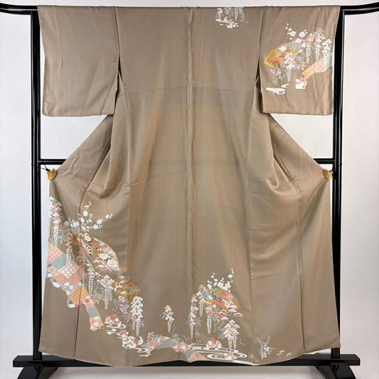 訪問服 身長158cm 袖長63.5cm S 雙層 扇子面 松樹竹子梅花 金彩裝飾 薄茶 純蠶絲 秀品級