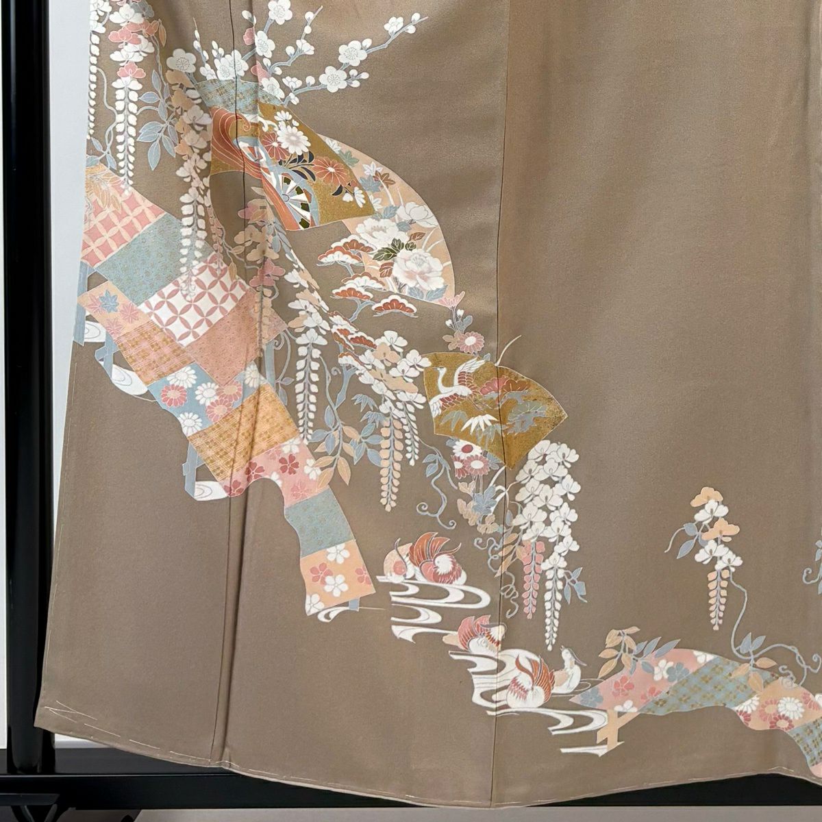 訪問服 身長158cm 袖長63.5cm S 雙層 扇子面 松樹竹子梅花 金彩裝飾 薄茶 純蠶絲 秀品級