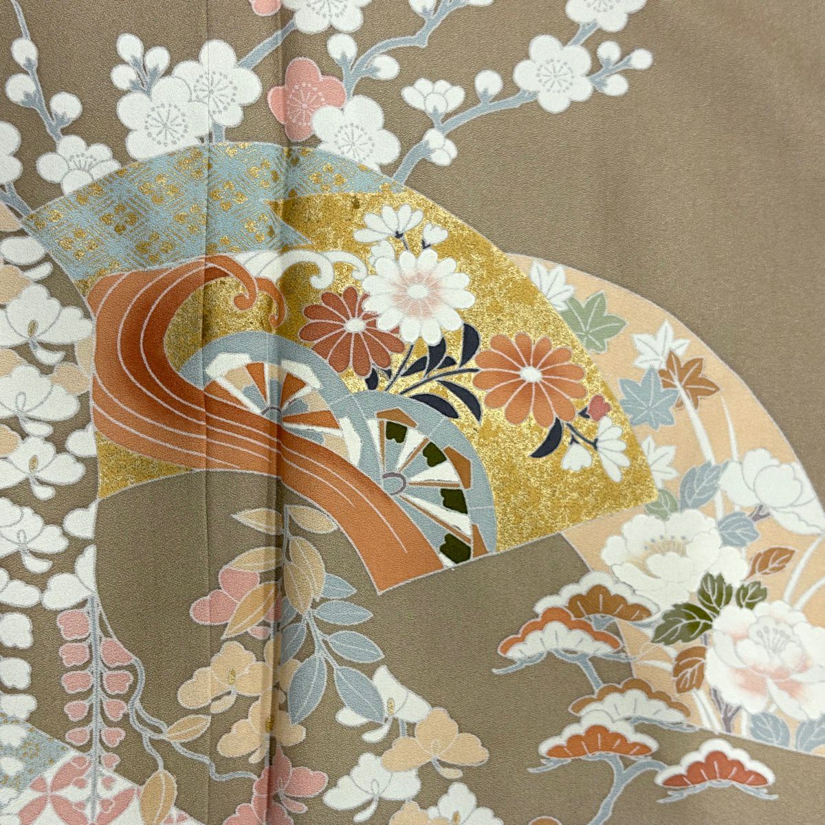 訪問服 身長158cm 袖長63.5cm S 雙層 扇子面 松樹竹子梅花 金彩裝飾 薄茶 純蠶絲 秀品級