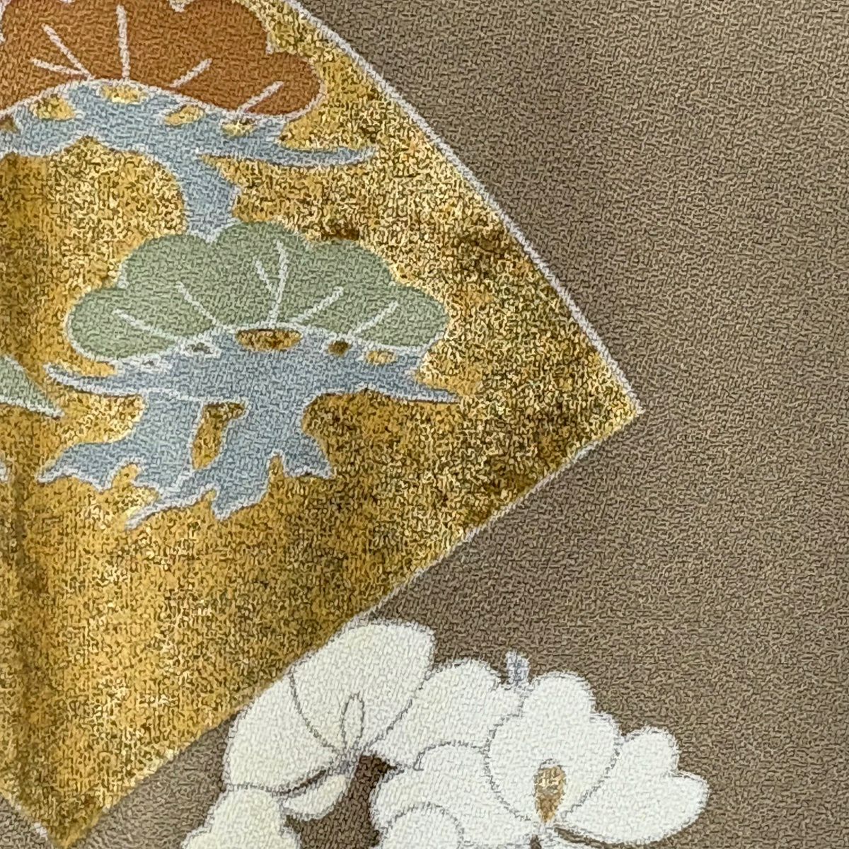 訪問服 身長158cm 袖長63.5cm S 雙層 扇子面 松樹竹子梅花 金彩裝飾 薄茶 純蠶絲 秀品級