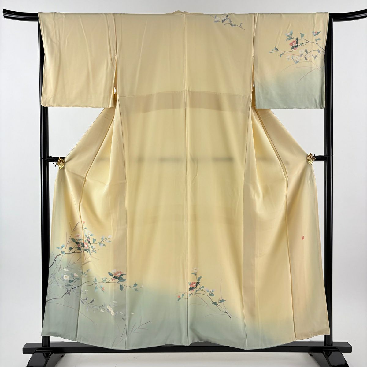 付下 身長156cm 袖長65.5cm M 雙層 落款有 枝花 染分 漸層 淡黃 純蠶絲 優品級
