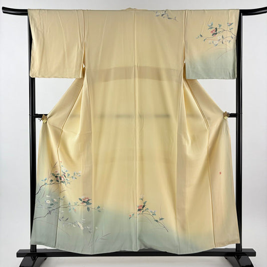 付下 身長156cm 袖長65.5cm M 雙層 落款有 枝花 染分 漸層 淡黃 純蠶絲 優品級