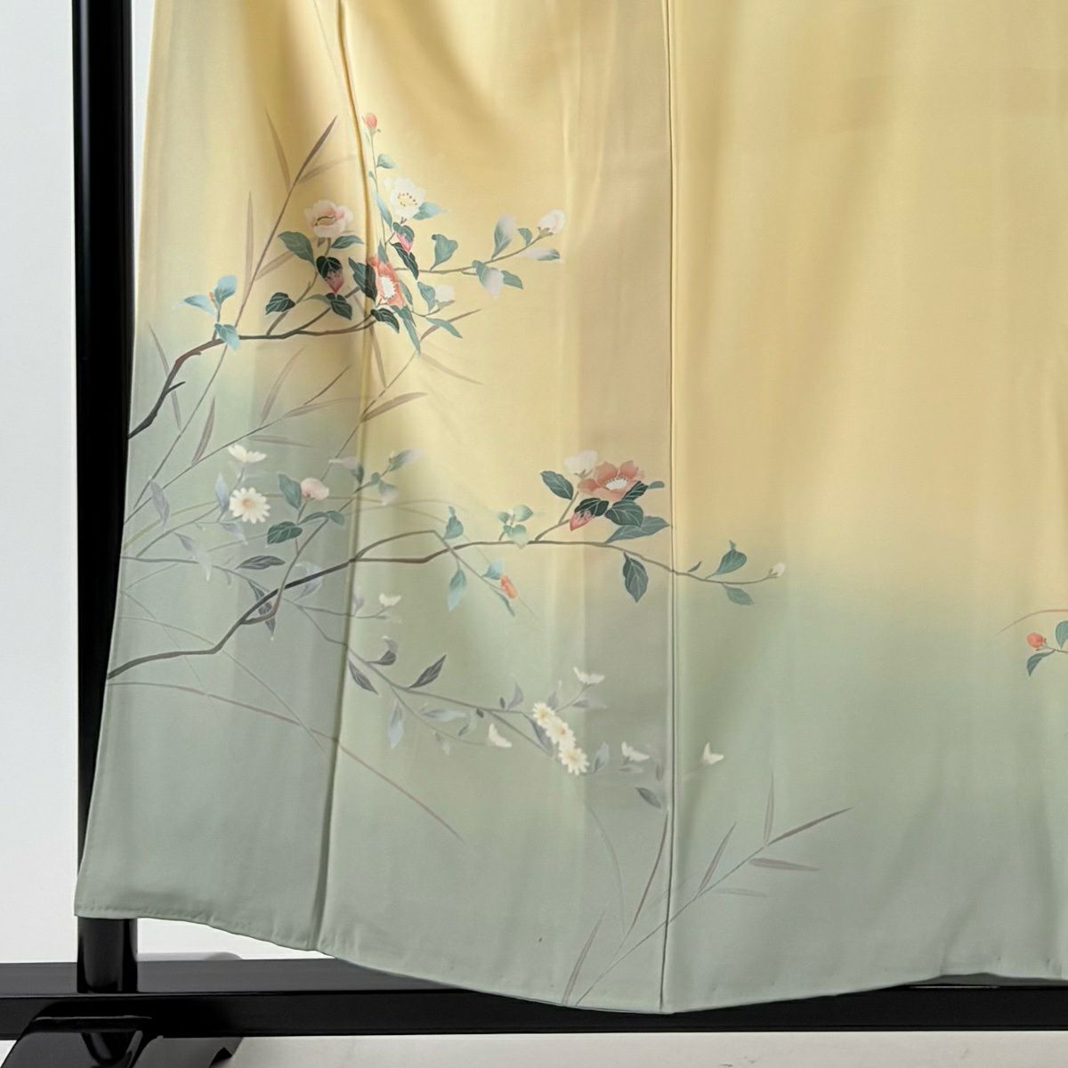 付下 身長156cm 袖長65.5cm M 雙層 落款有 枝花 染分 漸層 淡黃 純蠶絲 優品級