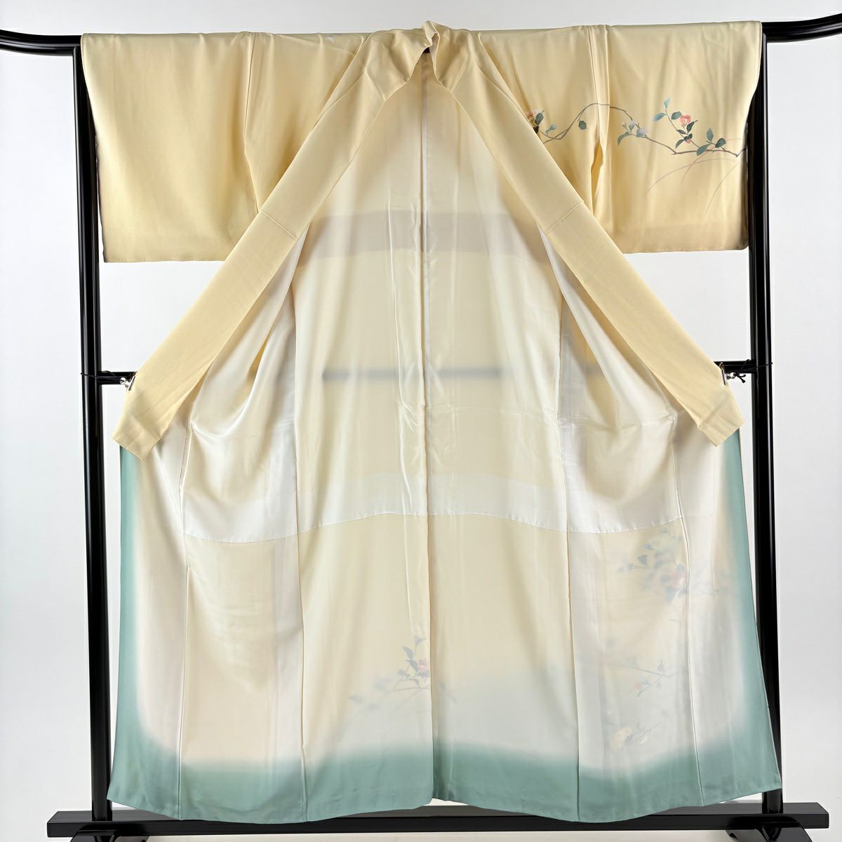 付下 身長156cm 袖長65.5cm M 雙層 落款有 枝花 染分 漸層 淡黃 純蠶絲 優品級