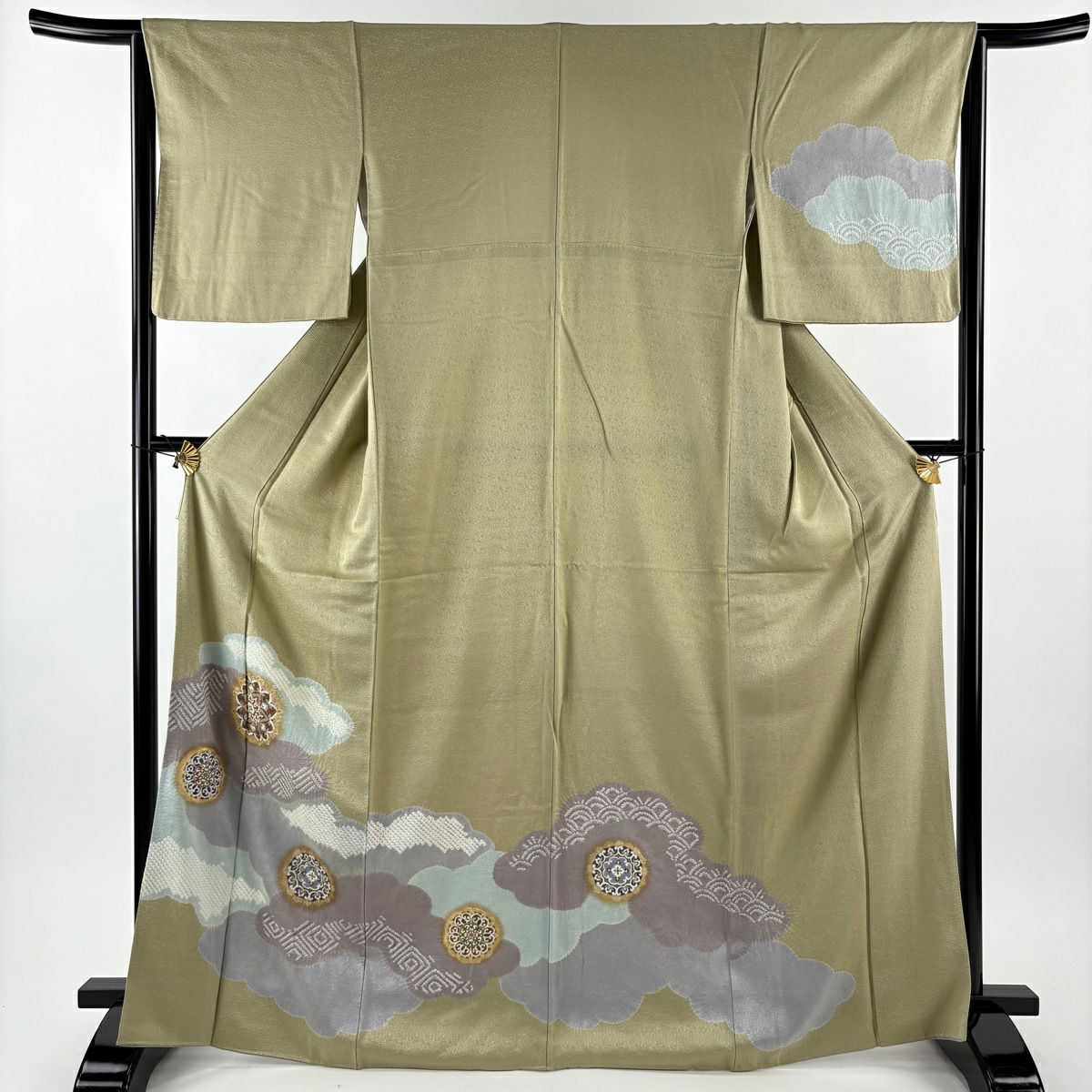 訪問服 身長168cm 袖長64.5cm M 雙層 雲文 華紋 金銀彩 絞染 抹茶 純蠶絲 秀品級