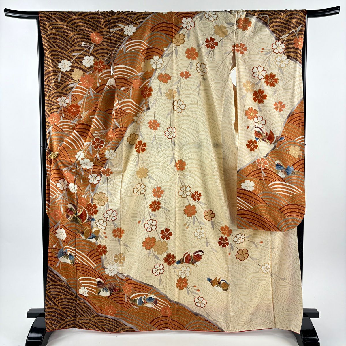 【美品】振袖禮服 身長167cm 袖長67cm M 雙層 鴛鴦 櫻花 金絲 金銀彩 橙色 純蠶絲 秀品級