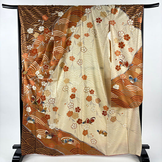 【美品】振袖禮服 身長167cm 袖長67cm M 雙層 鴛鴦 櫻花 金絲 金銀彩 橙色 純蠶絲 秀品級