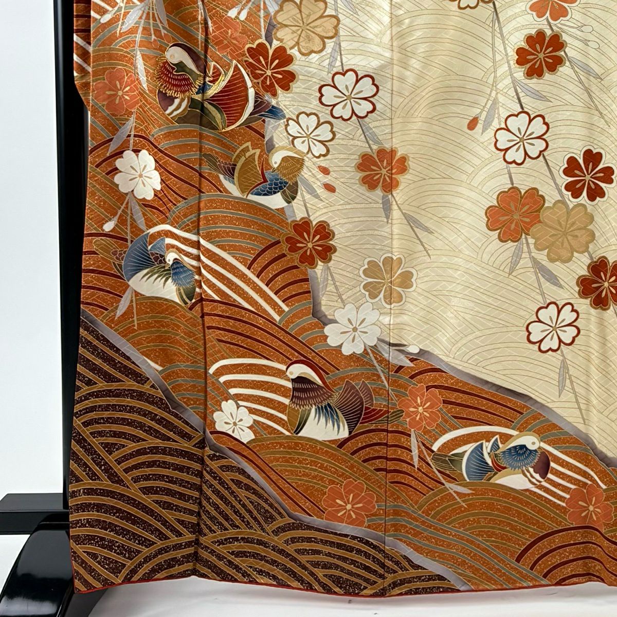 【美品】振袖禮服 身長167cm 袖長67cm M 雙層 鴛鴦 櫻花 金絲 金銀彩 橙色 純蠶絲 秀品級