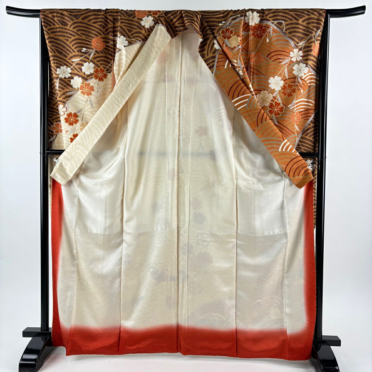 【美品】振袖禮服 身長167cm 袖長67cm M 雙層 鴛鴦 櫻花 金絲 金銀彩 橙色 純蠶絲 秀品級