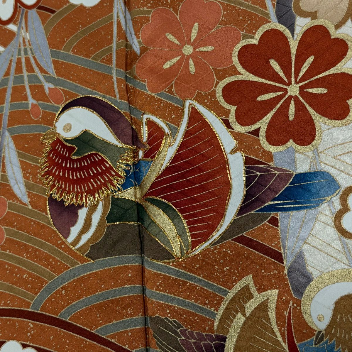 【美品】振袖禮服 身長167cm 袖長67cm M 雙層 鴛鴦 櫻花 金絲 金銀彩 橙色 純蠶絲 秀品級