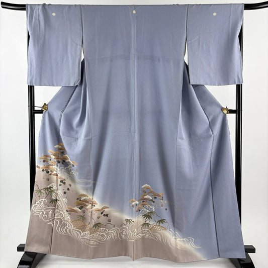 色留袖禮服 身長164.5cm 袖長67cm M 雙層 笠松樹 波頭 金銀彩 漸層 水藍色 純蠶絲 優品級 三個紋