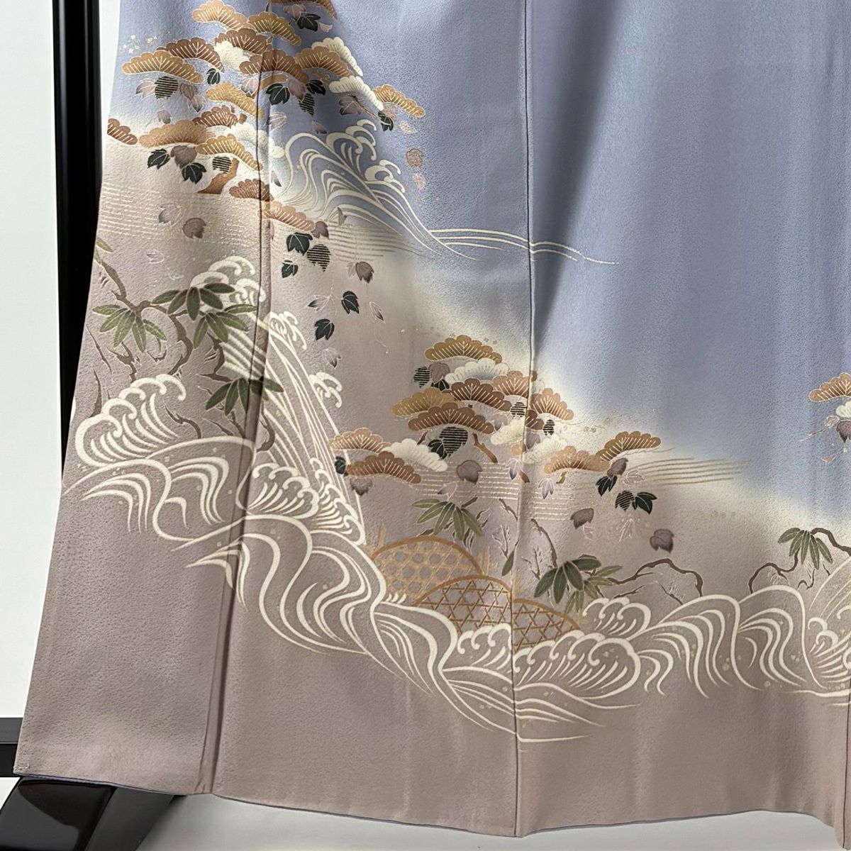 色留袖禮服 身長164.5cm 袖長67cm M 雙層 笠松樹 波頭 金銀彩 漸層 水藍色 純蠶絲 優品級 三個紋