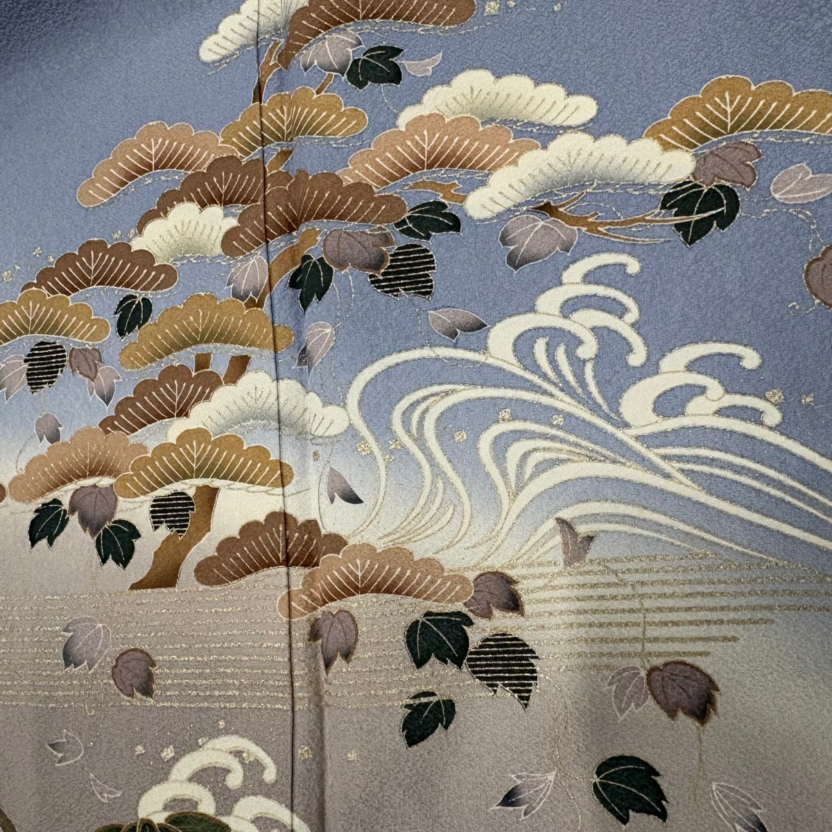 色留袖禮服 身長164.5cm 袖長67cm M 雙層 笠松樹 波頭 金銀彩 漸層 水藍色 純蠶絲 優品級 三個紋